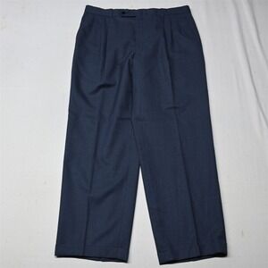 Vtg Old Money Blue Woven 35x30 Wool Pleated Cuffed Mens Trouser Pants